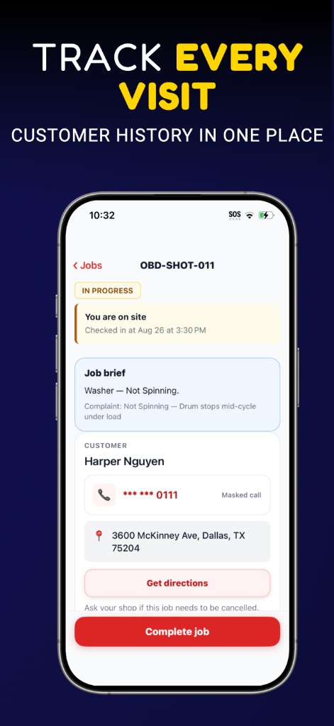 OpsBack technician app — job visit with customer history, masked number, and directions