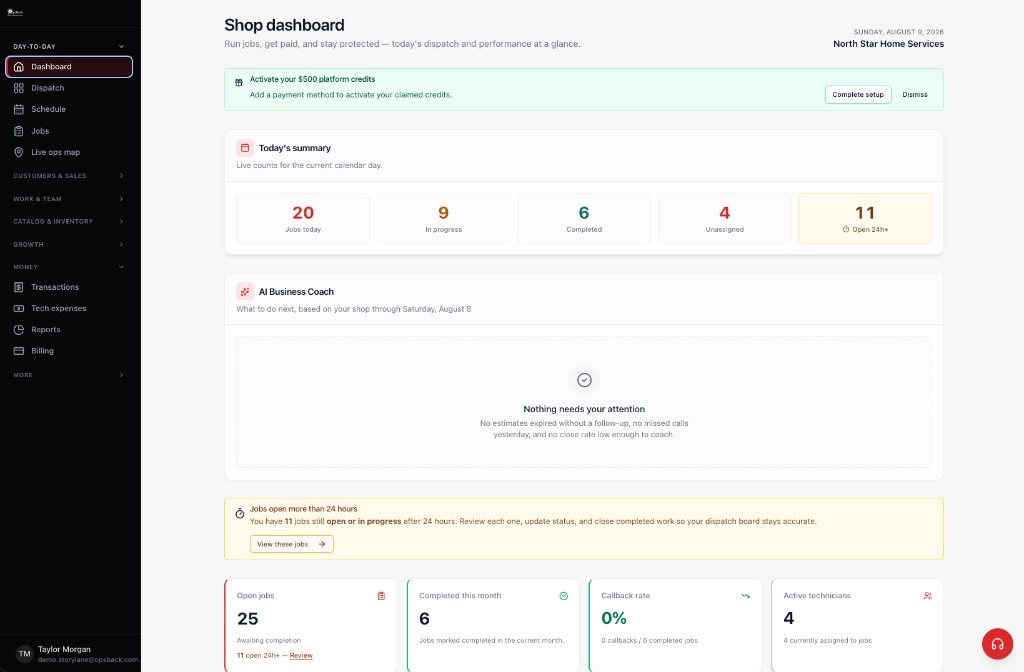 OpsBack shop dashboard — jobs today, dispatch, and live ops