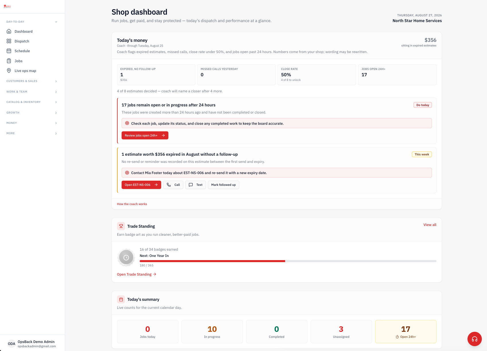 Shop dashboard — OpsBack shop software